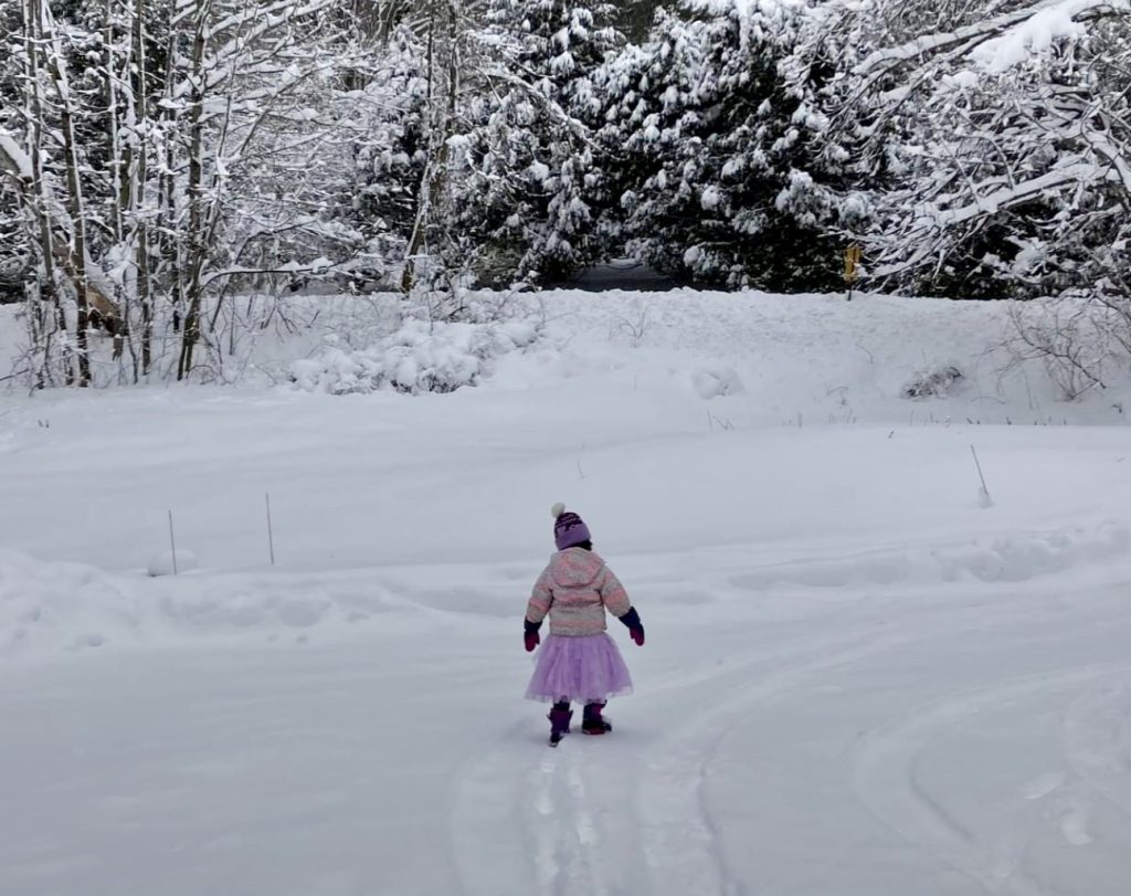 little girl in a purply tutu and snowsuit on a snowy road.